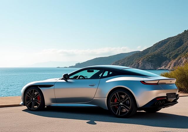 Elegante Aston Martin DBS plateado aparcado junto al mar.
