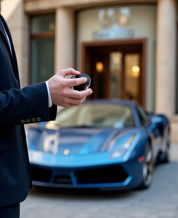 Un conserje entregando las llaves de un deportivo frente a un hotel de 5 estrellas en Barcelona.