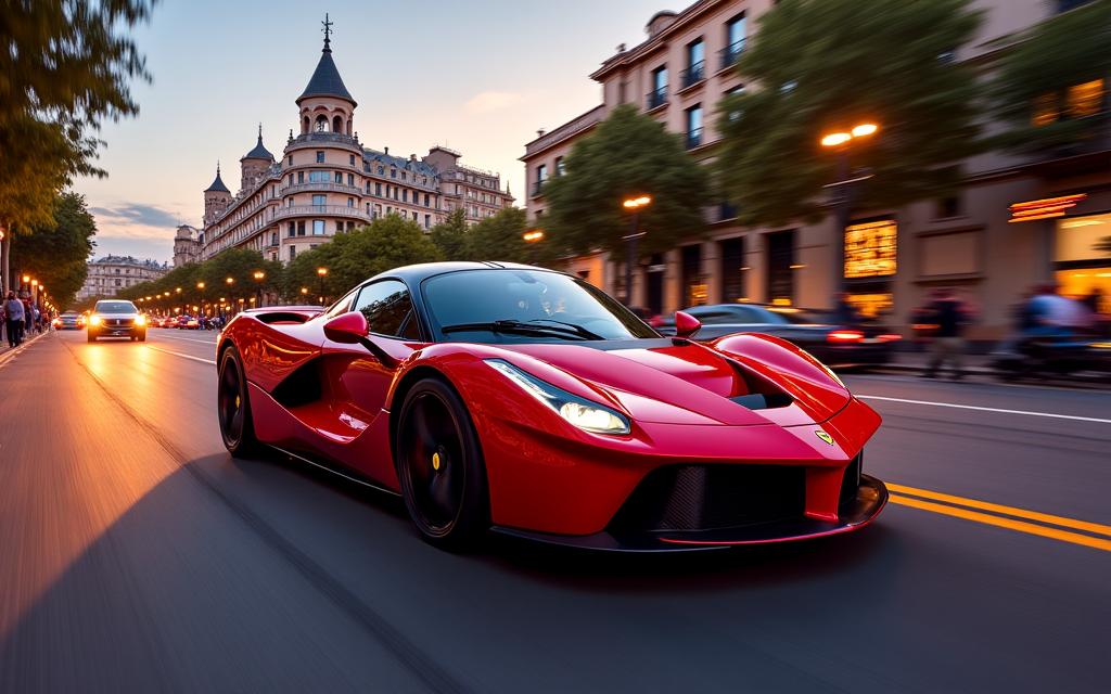 Un coche deportivo de lujo rojo conduciendo por el Passeig de Gràcia en Barcelona al atardecer.