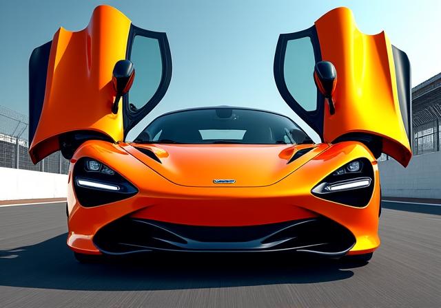 McLaren 720S naranja con las puertas de mariposa abiertas.