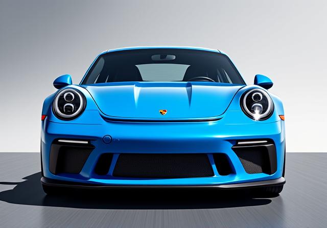 Porsche 911 GT3 azul vibrante desde un ángulo frontal.