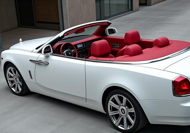 Rolls-Royce Dawn descapotable blanco con interior rojo.