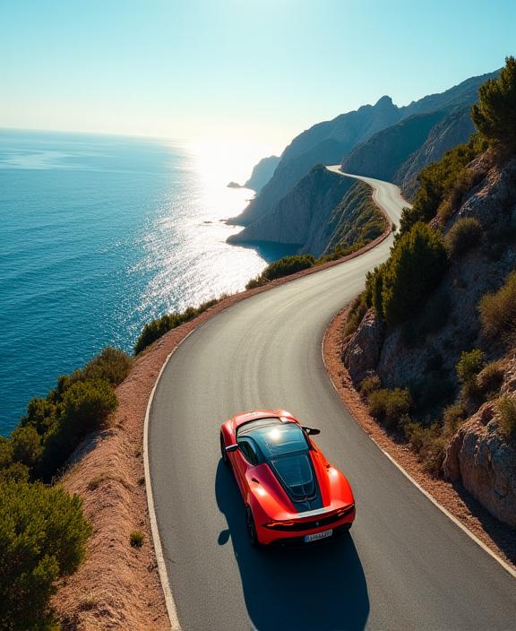 Vista aérea de un coche deportivo en una carretera costera cerca de Barcelona.